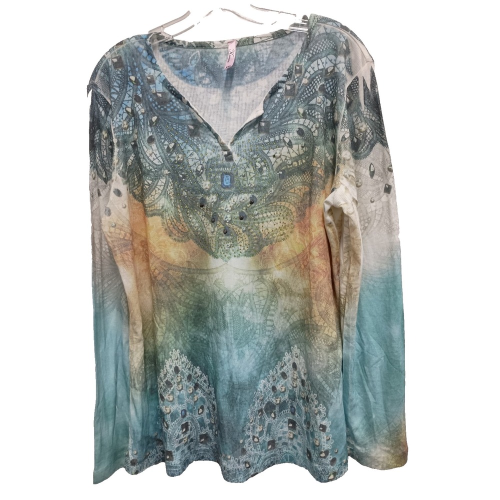 Kiara Womens Top 2X Blue Rhinestone Wearable Art Paisley Long Sleeve BOHO Casual
